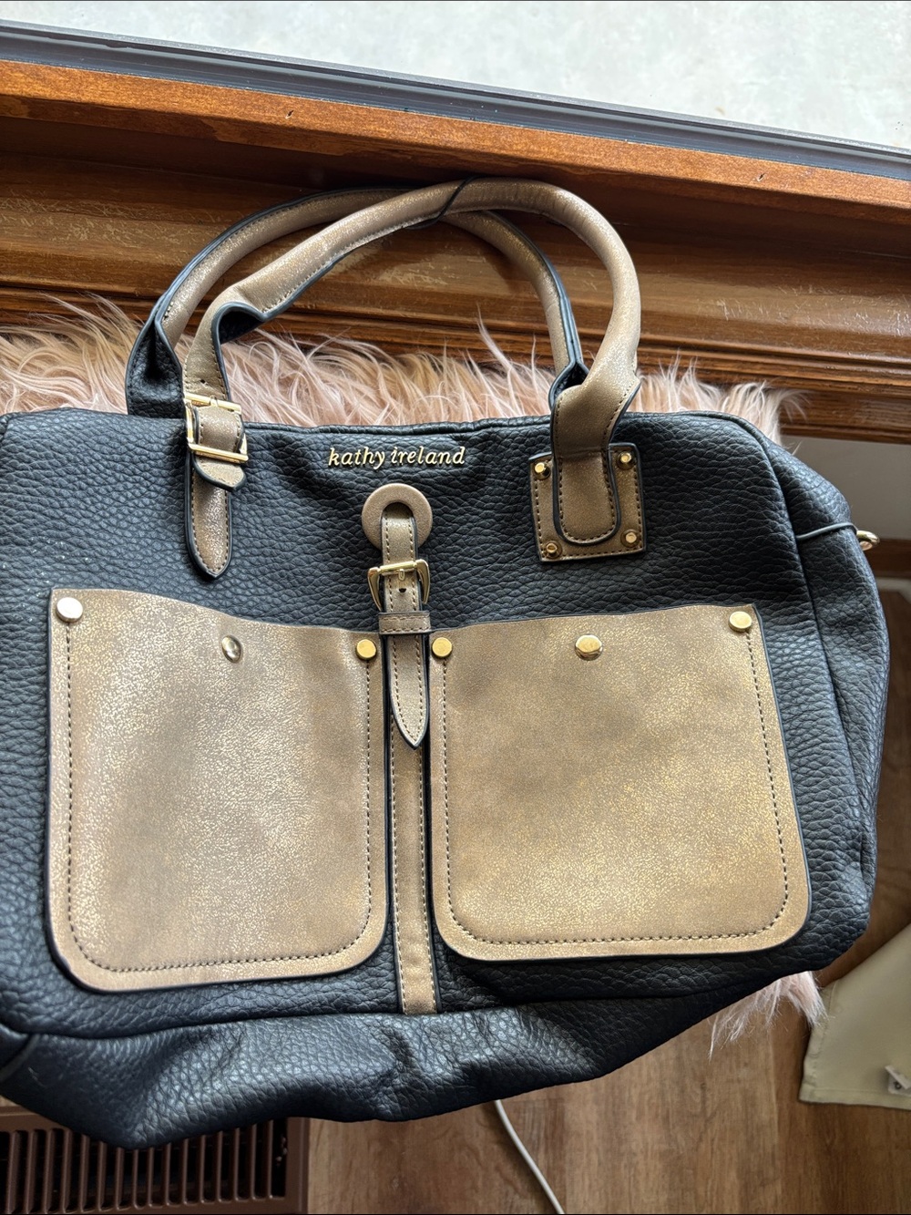 kathy ireland Black and Gold Metallic Accent Pebbled Leather Tote